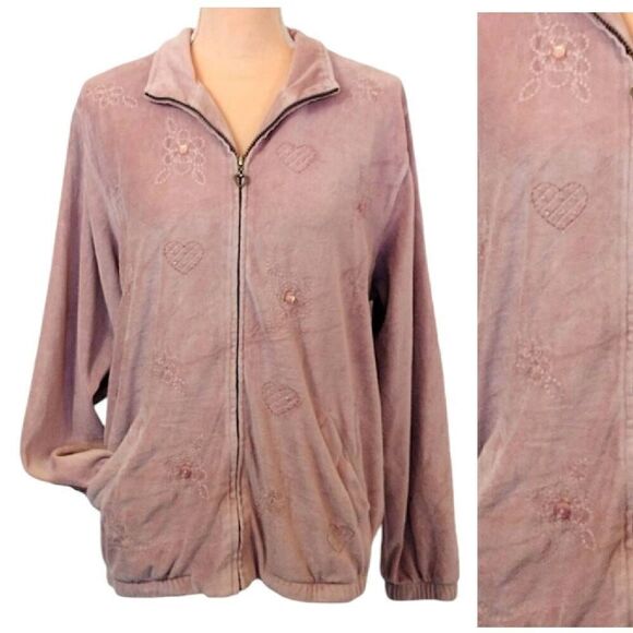 VTG Y2K Dusty Pink Floral Hearts Embroidered Velour Zip Sweater Size 14 - Picture 1 of 14